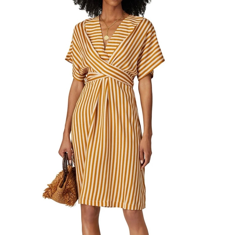 Moon River Size S Yellow & Cream Striped V-Neck Wrap Dress